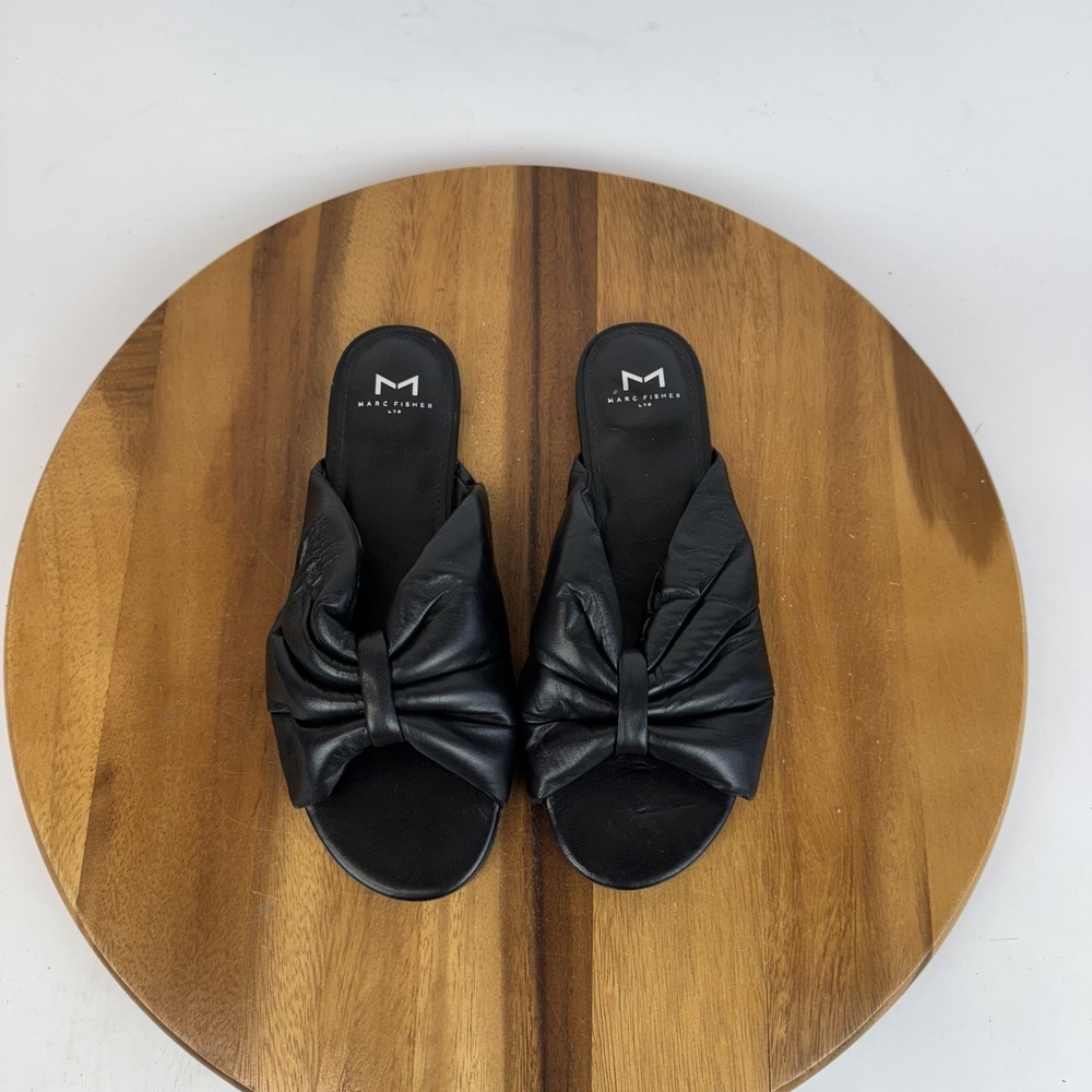 New Womens Marc Fisher LTD Olita Black Leather Casual‎ Bow Slides Sandals Size 8